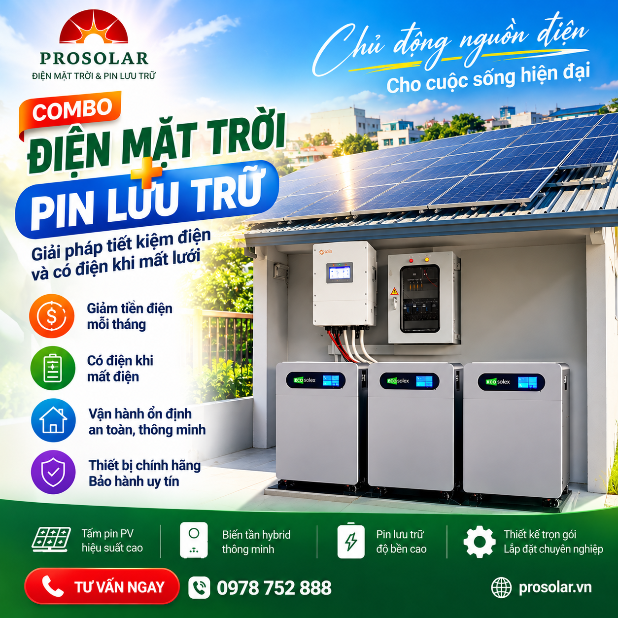 Combo điện mặt trời 3 pha có lưu trữ: biến tần 20kw + pin lưu trữ 48kwh