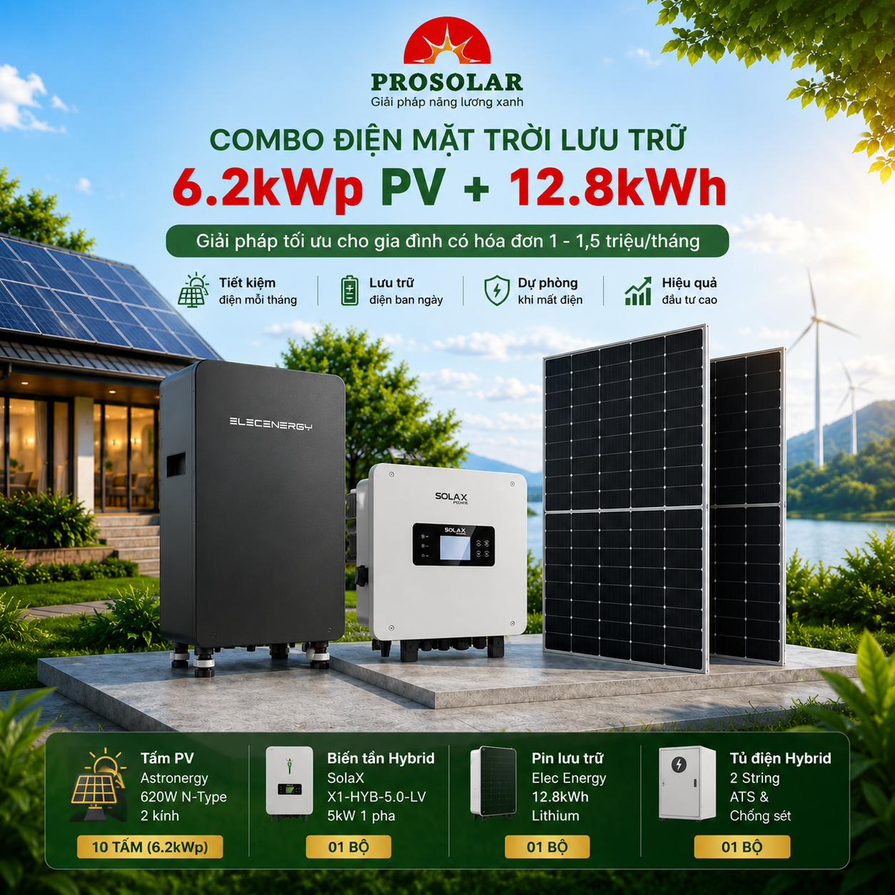 Combo điện mặt trời có lưu trữ 6.2kW PV, lưu trữ 12.8kWh