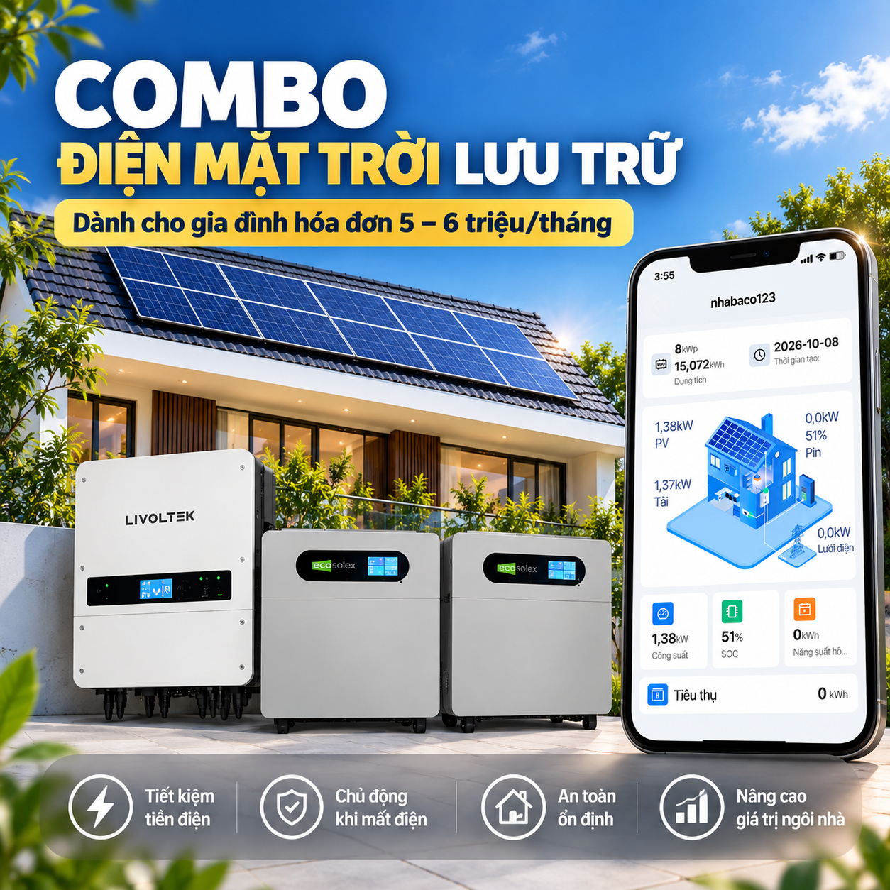COMBO ĐIỆN MẶT TRỜI LIVOLTEK + ECOSOLEX: GIẢI PHÁP CHO GIA ĐÌNH CÓ HÓA ĐƠN TIỀN ĐIỆN 5–6 TRIỆU/THÁNG
