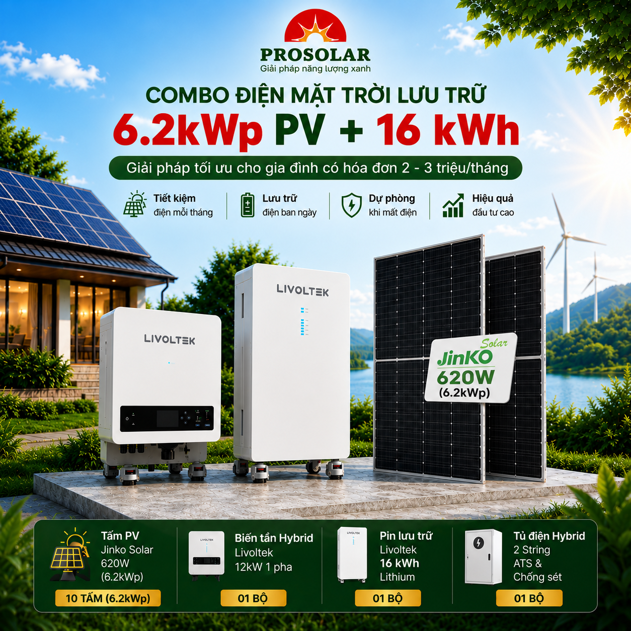 Combo Hybrid 6.2kWp - Lưu Trữ 16kWh (Jinko & Livoltek)