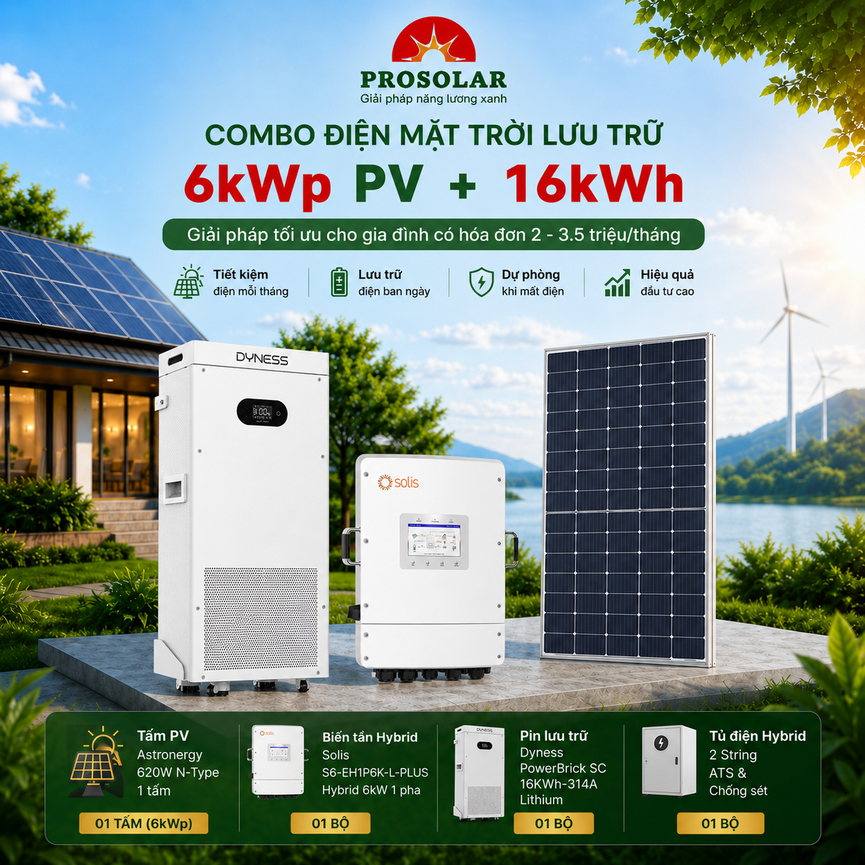 Combo Hybrid 6kWp - Lưu Trữ 16kWh (Astronergy & Dyness) - Hóa đơn 2 – 3.5 triệu/tháng