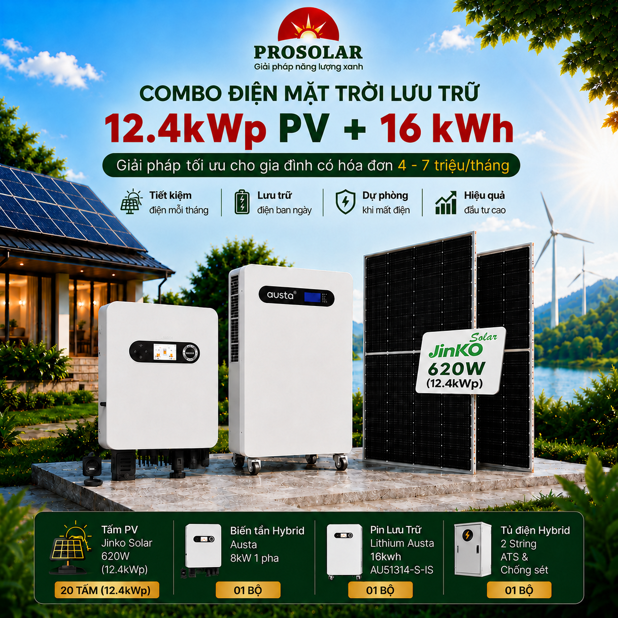 Combo Hybrid 12.4 kWp - Lưu Trữ 16 kWh (Jinko & Austa) | 6 – 8 triệu đồng/tháng