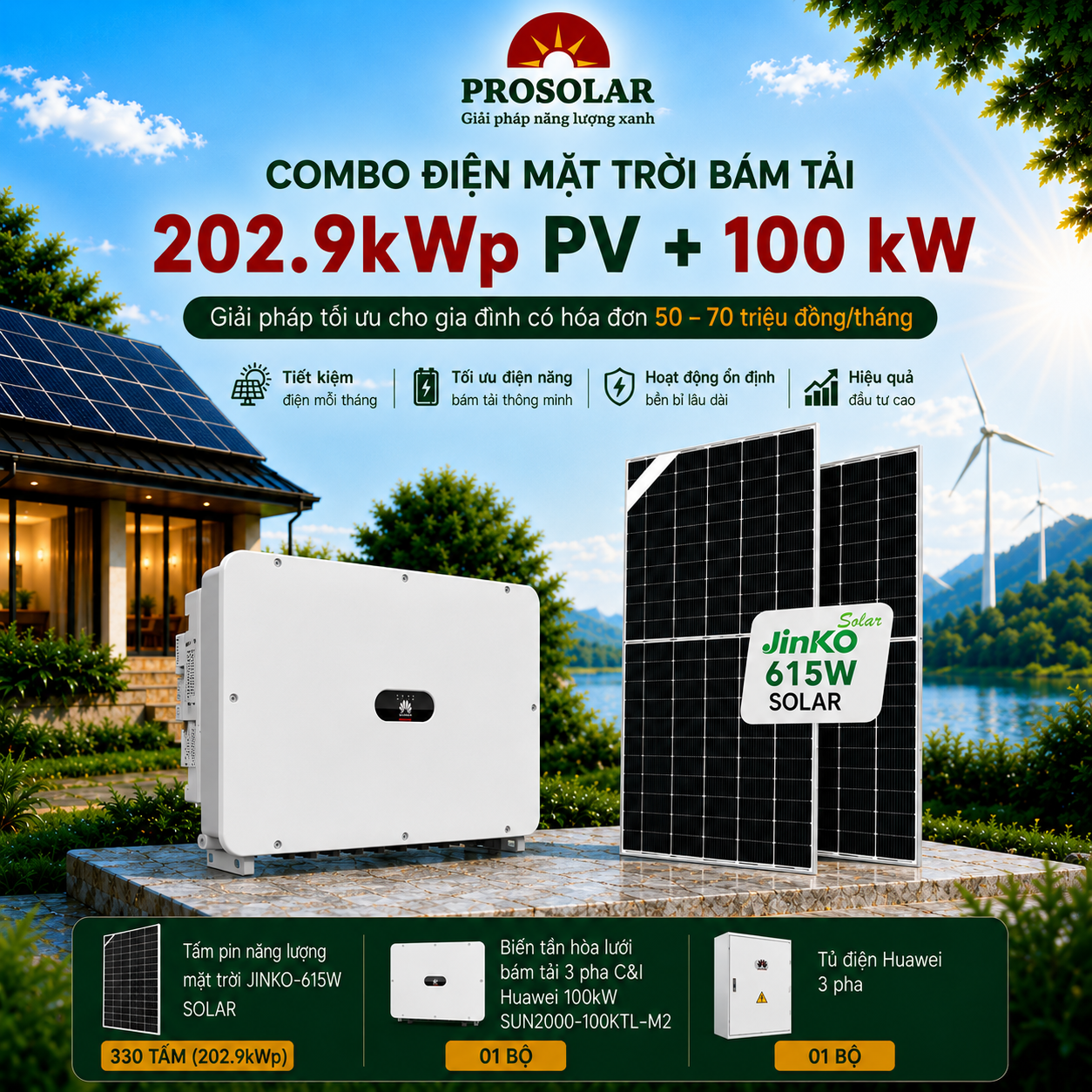 Combo hòa lưới bám tải 202.9kWp - Biến tần 3 pha 100kW (Jinko & Huawei)