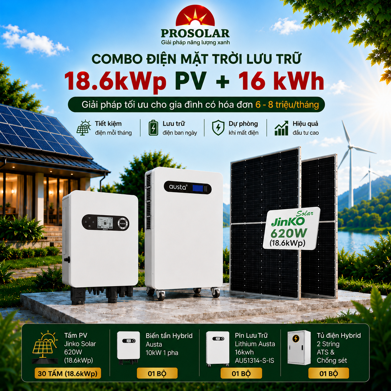 Combo Hybrid 18.6kWp - Lưu Trữ 16kWh (Jinko & Austa) | 6 - 8 triệu đồng/tháng