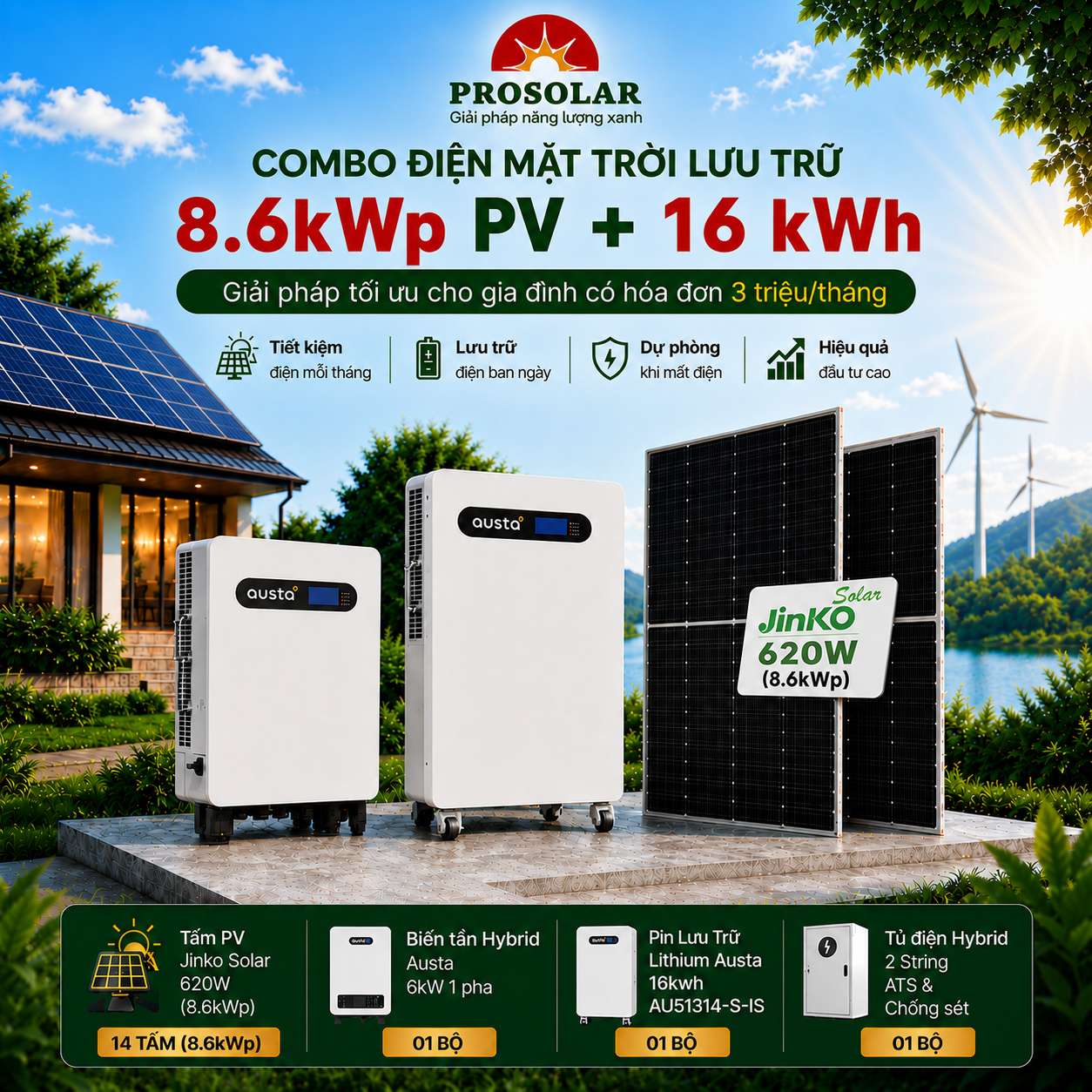 Combo Hybrid 8.6kWp - Lưu Trữ 16kWh (Jinko & Austa) - 2 - 3.5 triệu/tháng
