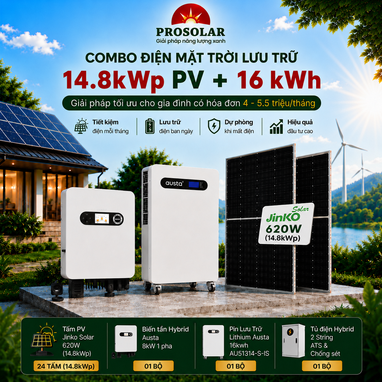 Combo Hybrid 14.8 kWp có lưu trữ 16 kWh - hoá đơn 4 - 5.5 triệu đồng/tháng