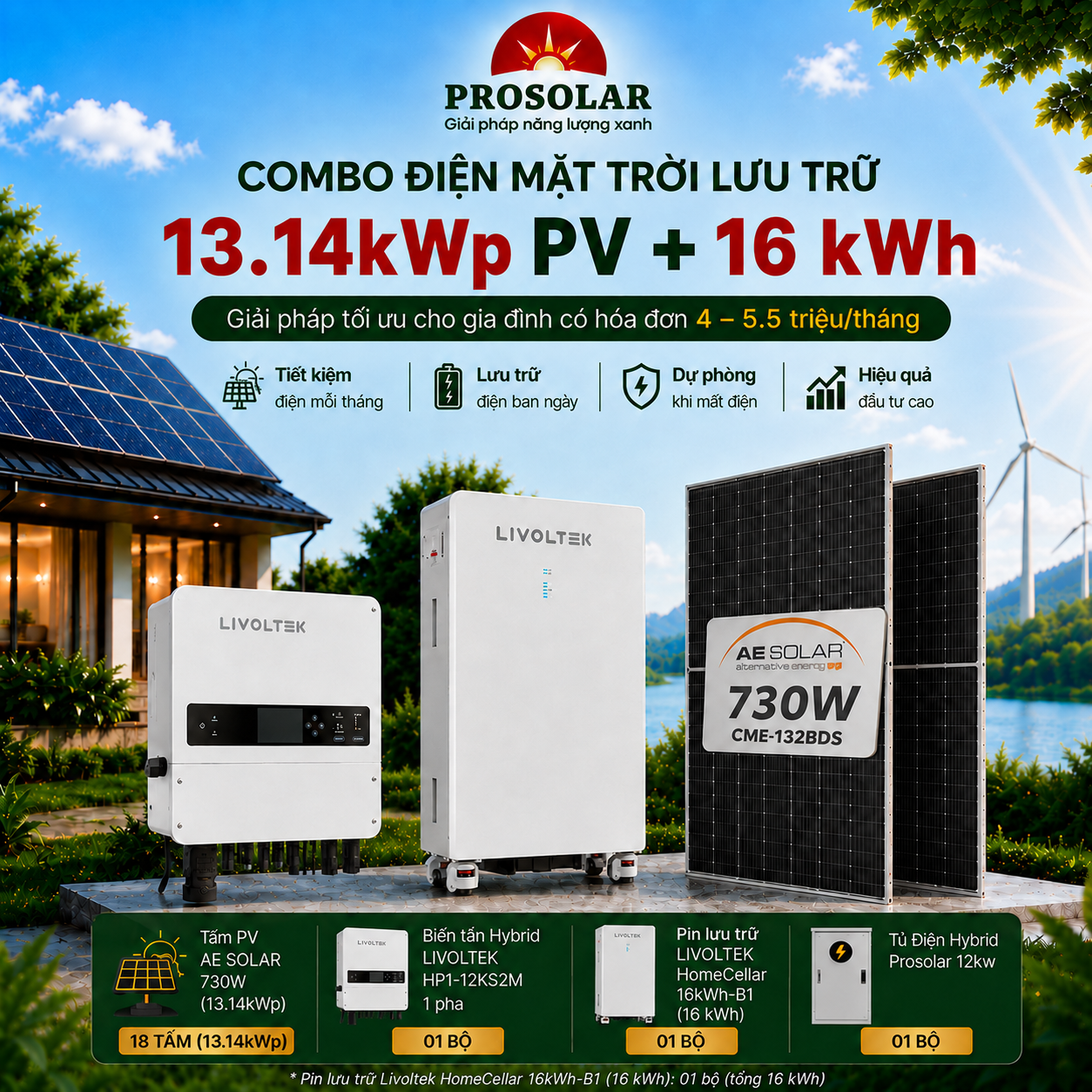 Combo Hybrid 13.14 kWp - Lưu Trữ 16kWh (AE Solar & Livoltek) - Hóa đơn 4 – 5.5 triệu/tháng