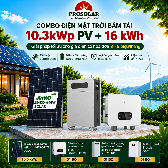 Combo Hybrid 10.3kWp - Lưu Trữ 16kWh (Jinko & GoodWe & Ecosolex) - Hoá đơn 3 – 5 triệu/tháng