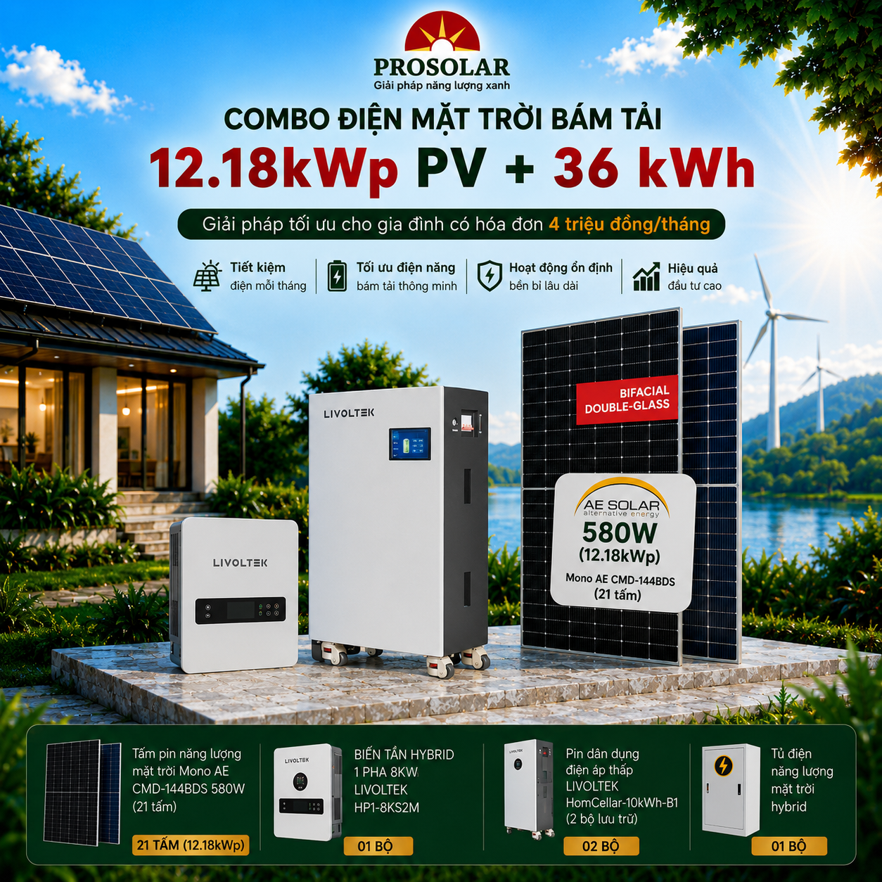 Combo Hybrid 12.18kWp Lưu Trữ 32kWh (AE Solar & Livoltek) của gia đình anh Tịch ở phường Lộc Ninh, Tp. Đồng Nai - Hoá đơn 4 triệu/tháng
