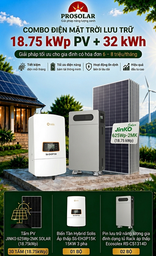 Combo Hybrid 18.75kWp - Lưu Trữ 32kWh (Jinko & Solis & Ecosolex) - Hoá đơn 6 – 8 triệu/tháng