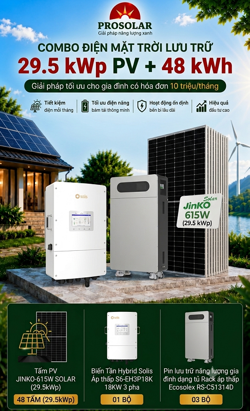 Combo Hybrid 29.5kWp - Lưu Trữ 48kWh (Jinko & Solis & Ecosolex) - Hoá đơn 10 triệu/tháng