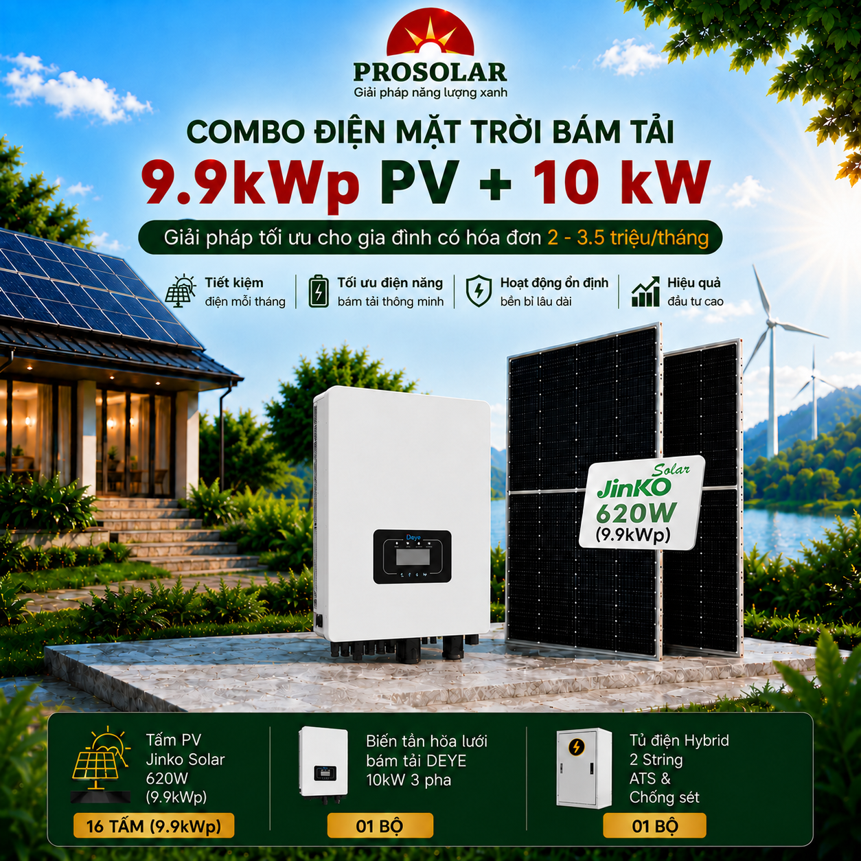 Combo Bám tải 9.9kWp - Biến tần 10kW (Jinko & Deye)